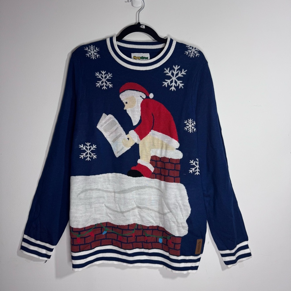 Tipsy Elves Men’s Large Funny Santa Chimney Ugly Christmas Sweater Navy